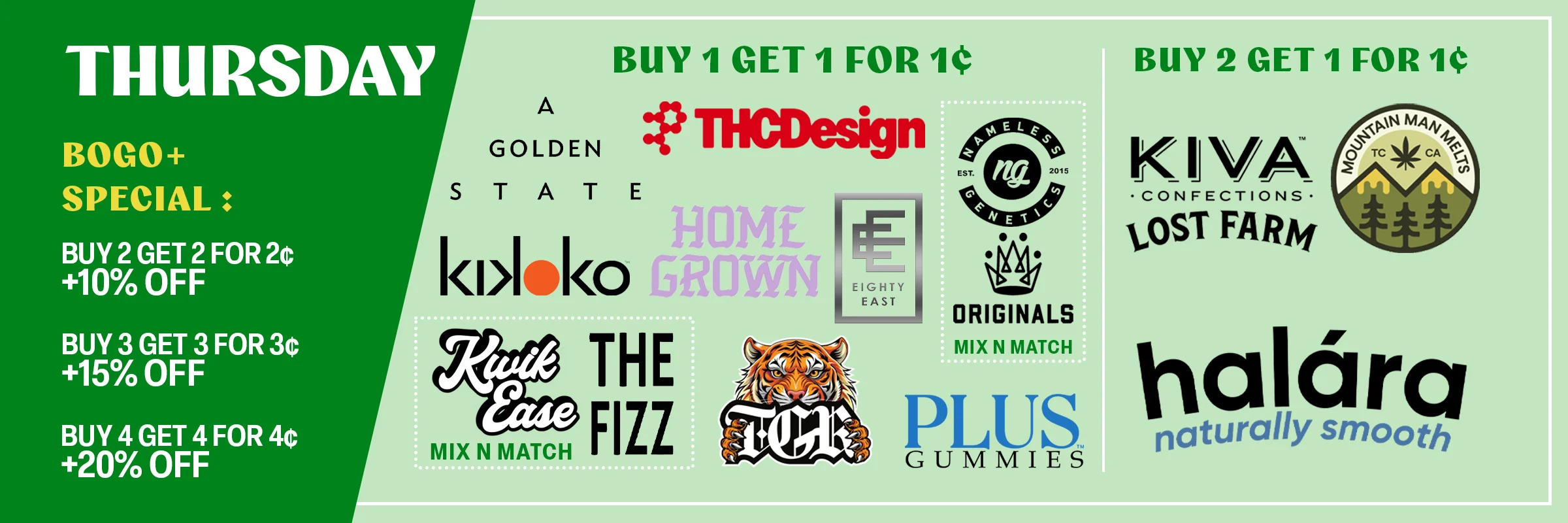 Thursday deals: buy 1 get 1 for 1¢ and buy 2 get 1 for 1¢ on select brands, plus buy 2 get 2 for 2¢ +10% off up to buy 4 get 4 for 4¢ +20% off